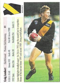 1993 Select AFL #41 Craig Lambert Back